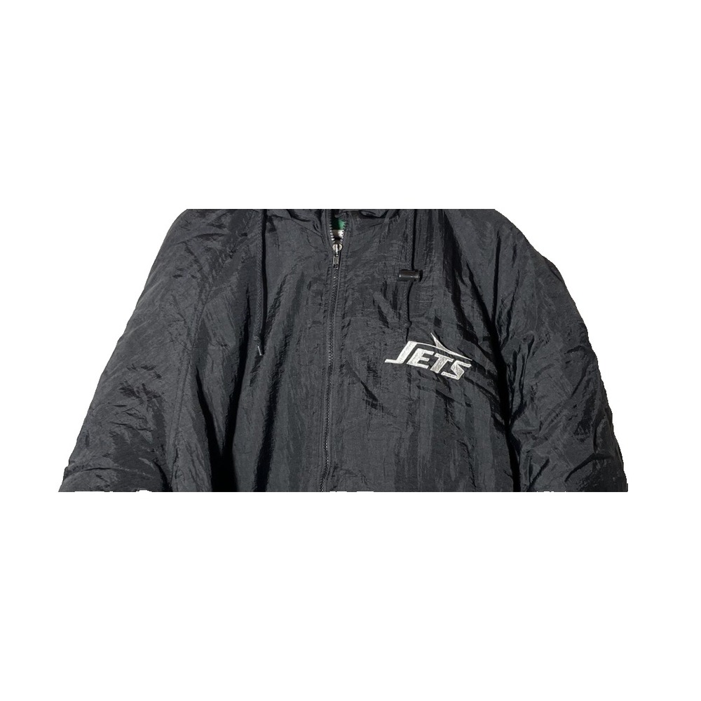 Vintage 90s New York Jets NFL Game Day Puffer Jacket XL Black Green Hooded Coat - Picture 9 of 9